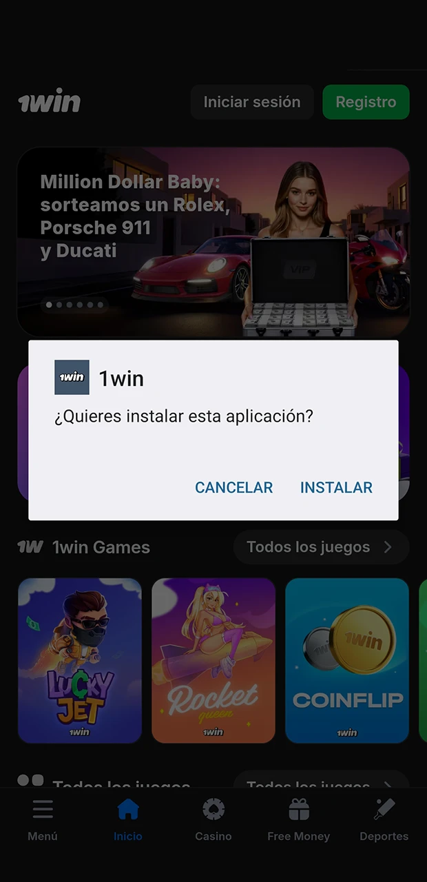Inicie el proceso de instalación de la aplicación 1Win y espere a que finalice.