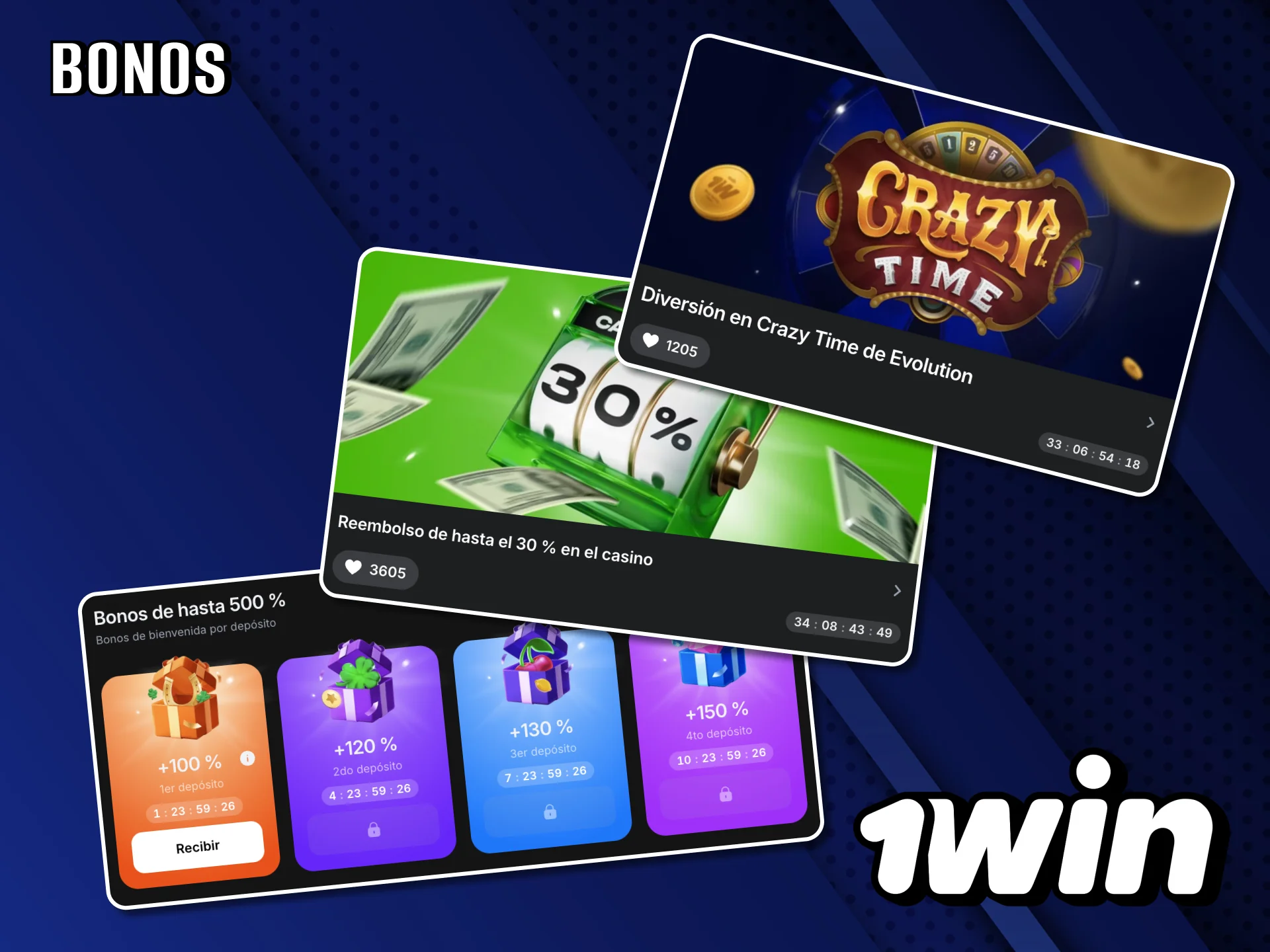 Bonificaciones de depósito y cashback ofrecidas por 1Win en Tower Rush.